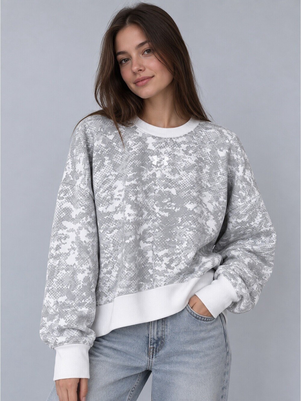 Under Armour Rival Fleece Camo Crew Women’s L Gray White Oversized Sweatshirt